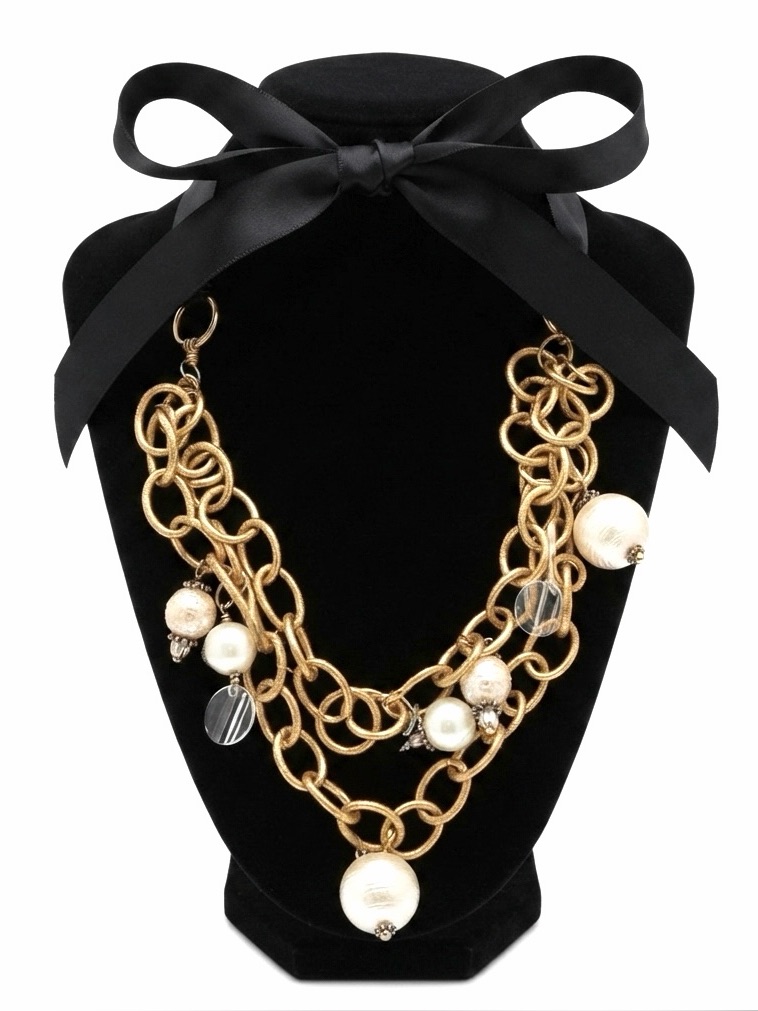 Vintage Anne Klein Gold Plated Pearl Crystal Charm 2 Chain Tie Choker Necklace